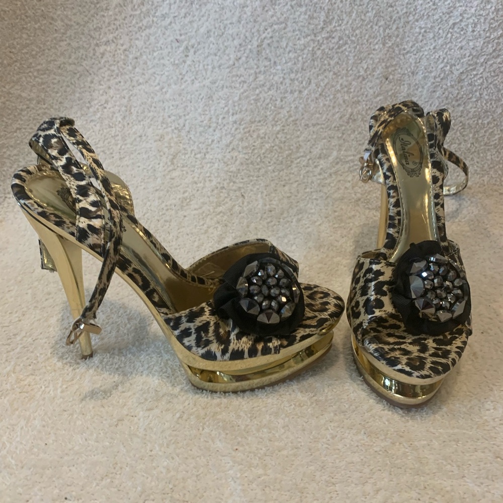 Leopard Print High Heel Sandals with Gold Accents